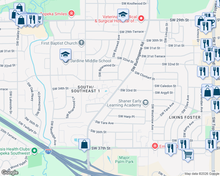 map of restaurants, bars, coffee shops, grocery stores, and more near 75 Southwest Pepper Tree Lane in Topeka
