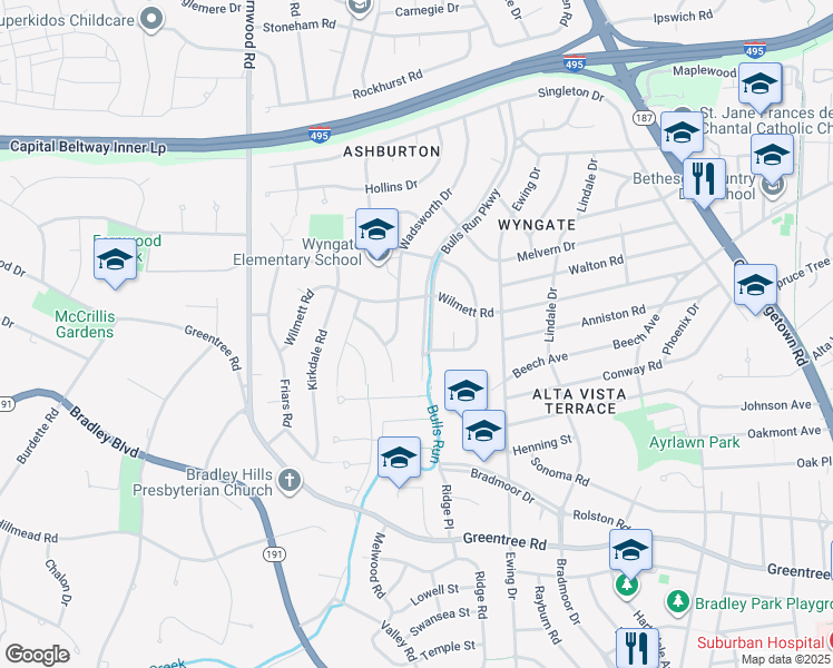 map of restaurants, bars, coffee shops, grocery stores, and more near 9204 Bulls Run Parkway in Bethesda