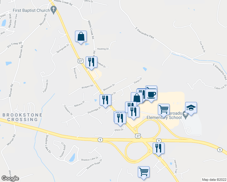 map of restaurants, bars, coffee shops, grocery stores, and more near 1040 Davjo Dr in Highland Heights