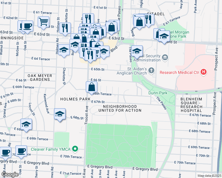 map of restaurants, bars, coffee shops, grocery stores, and more near 6624 Virginia Avenue in Kansas City