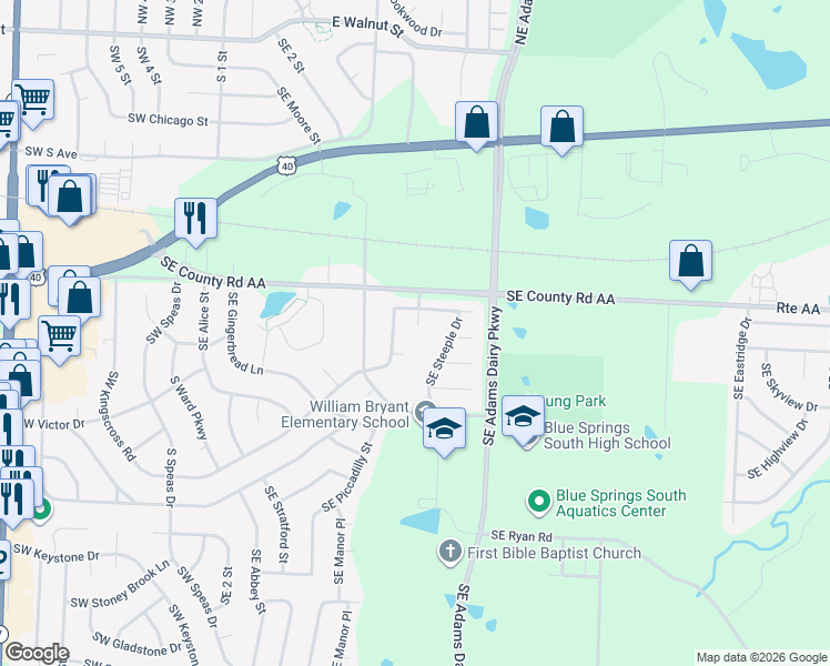 map of restaurants, bars, coffee shops, grocery stores, and more near 1119 Southeast Autumn Court in Blue Springs