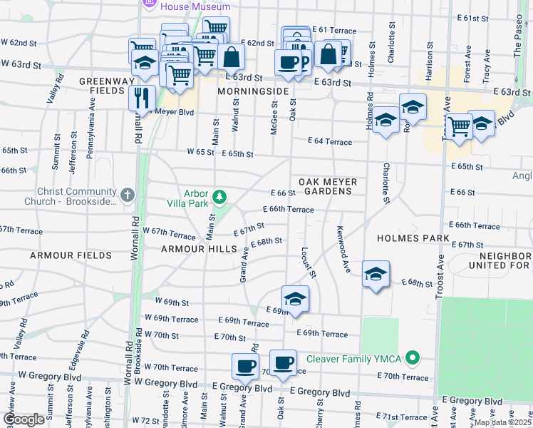 map of restaurants, bars, coffee shops, grocery stores, and more near 213 East 66th Terrace in Kansas City