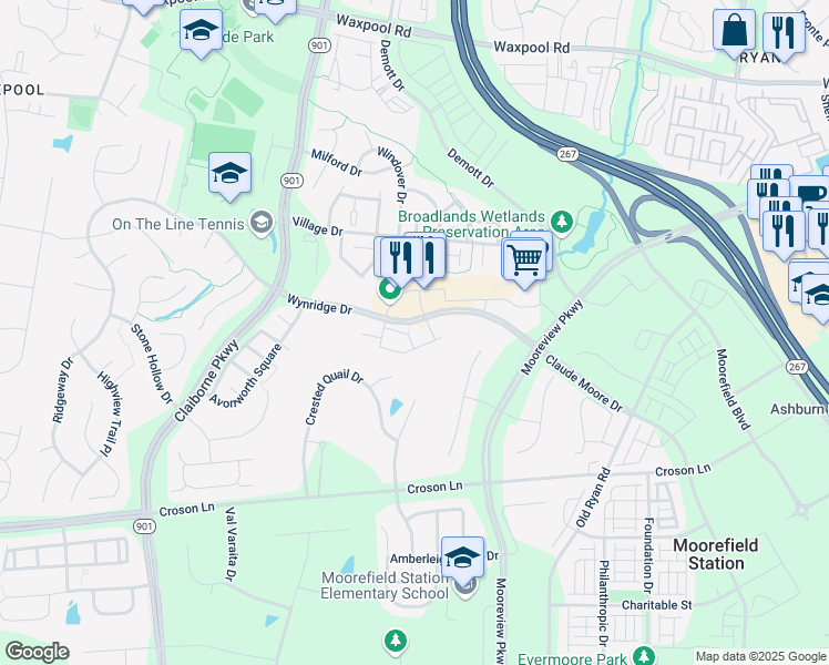 map of restaurants, bars, coffee shops, grocery stores, and more near 22026 Gardenwall Terrace in Broadlands