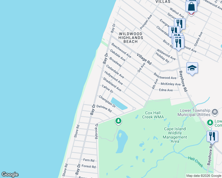 map of restaurants, bars, coffee shops, grocery stores, and more near 405 Tahoe Drive in Lower Township