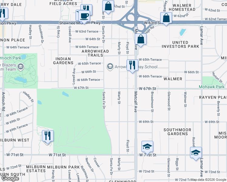 map of restaurants, bars, coffee shops, grocery stores, and more near 6701 Riley Street in Overland Park