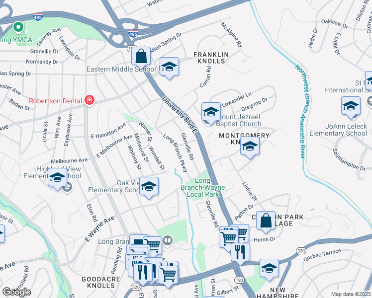 map of restaurants, bars, coffee shops, grocery stores, and more near 9226 Glenville Road in Silver Spring