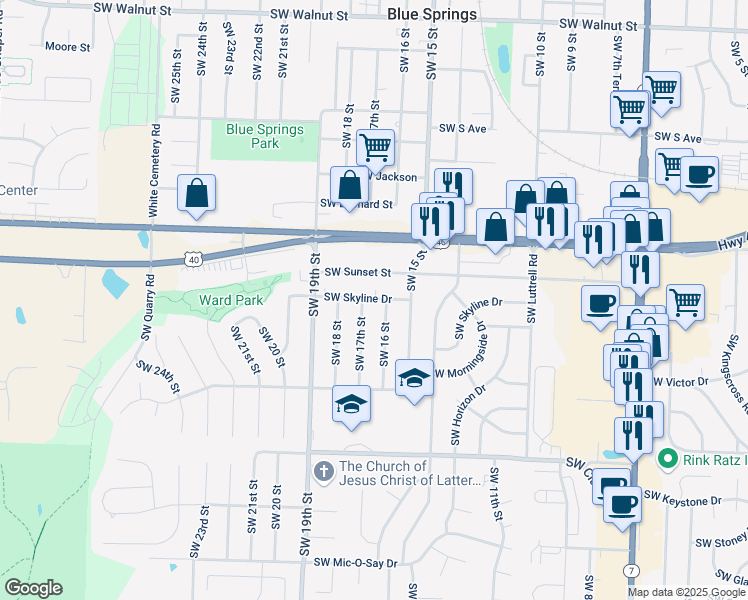 map of restaurants, bars, coffee shops, grocery stores, and more near 1603 Southwest Skyline Drive in Blue Springs