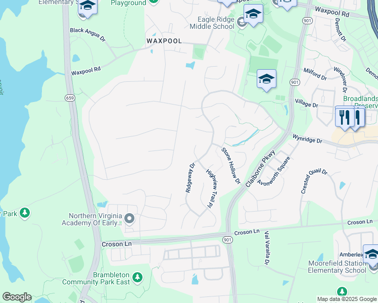 map of restaurants, bars, coffee shops, grocery stores, and more near 22027 Ayr Hill Court in Broadlands