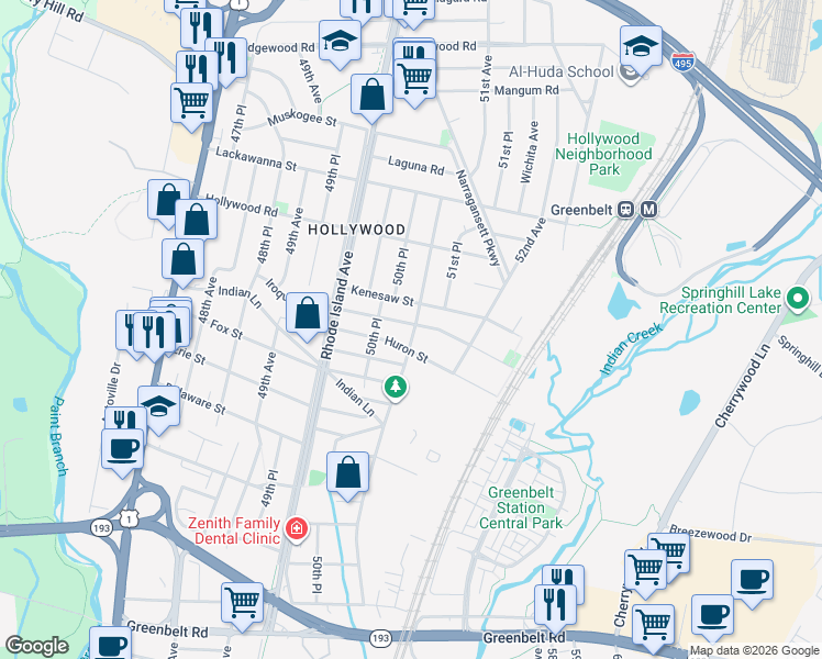 map of restaurants, bars, coffee shops, grocery stores, and more near 9422 51st Avenue in College Park