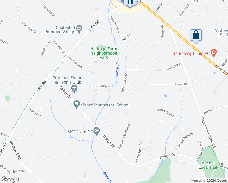 map of restaurants, bars, coffee shops, grocery stores, and more near 9208 Falls Bridge Lane in Rockville