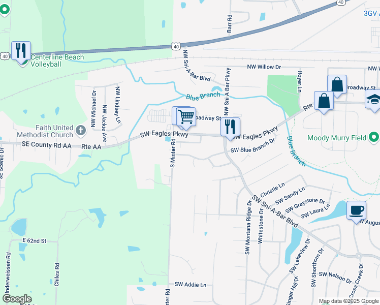 map of restaurants, bars, coffee shops, grocery stores, and more near 1428 Southwest Blue Branch Drive in Grain Valley
