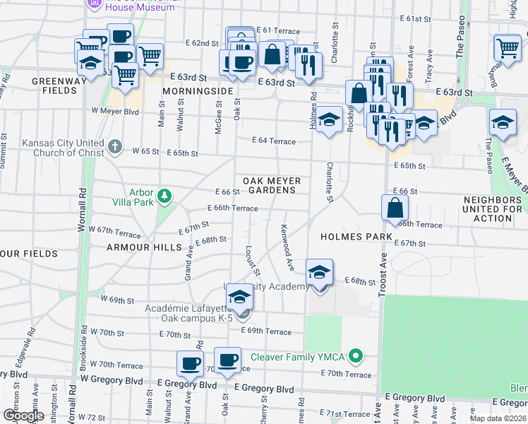 map of restaurants, bars, coffee shops, grocery stores, and more near 6640 Cherry Street in Kansas City