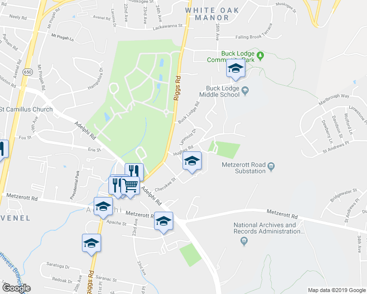 map of restaurants, bars, coffee shops, grocery stores, and more near 9301 Lynmont Dr in Adelphi