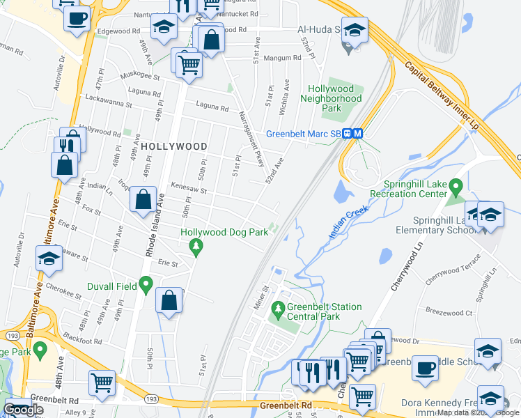 map of restaurants, bars, coffee shops, grocery stores, and more near 5201 Kenesaw Street in College Park