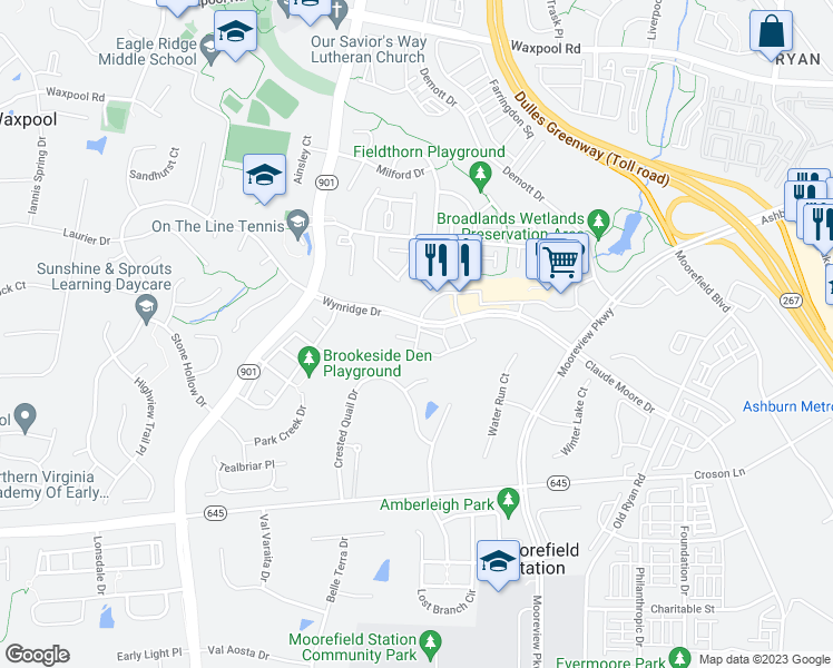 map of restaurants, bars, coffee shops, grocery stores, and more near Sunderland Terrace in Ashburn