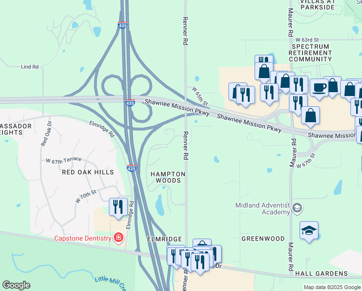 map of restaurants, bars, coffee shops, grocery stores, and more near 6700 Renner Road in Shawnee