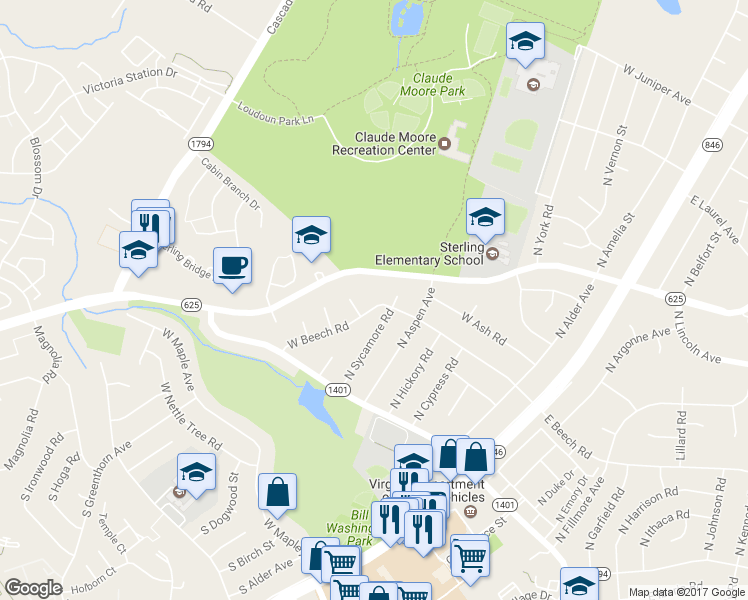 map of restaurants, bars, coffee shops, grocery stores, and more near 604 West Beech Road in Sterling
