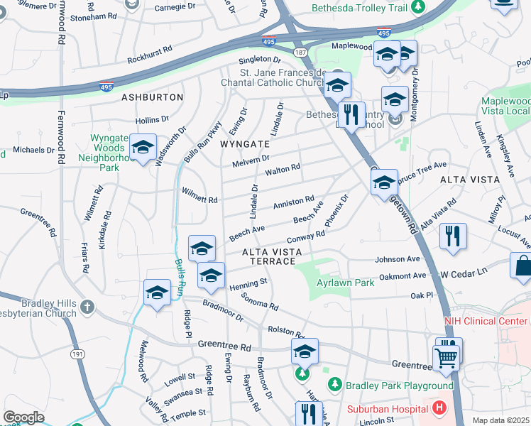 map of restaurants, bars, coffee shops, grocery stores, and more near 5932 Anniston Road in Bethesda