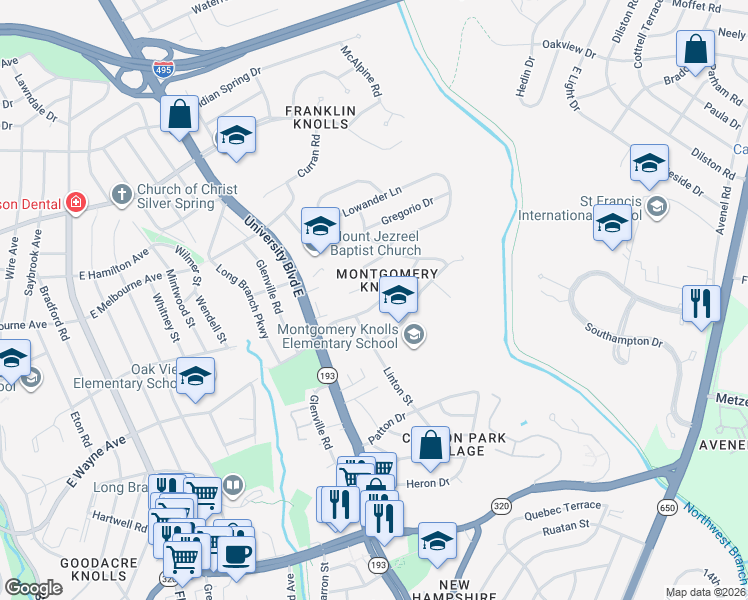 map of restaurants, bars, coffee shops, grocery stores, and more near 808 Buckingham Drive in Silver Spring