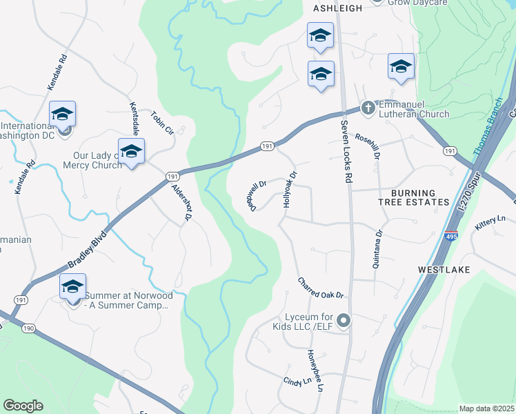 map of restaurants, bars, coffee shops, grocery stores, and more near 7916 Deepwell Drive in Bethesda