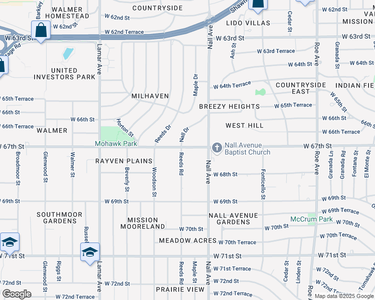 map of restaurants, bars, coffee shops, grocery stores, and more near 6701 Reeds Road in Overland Park