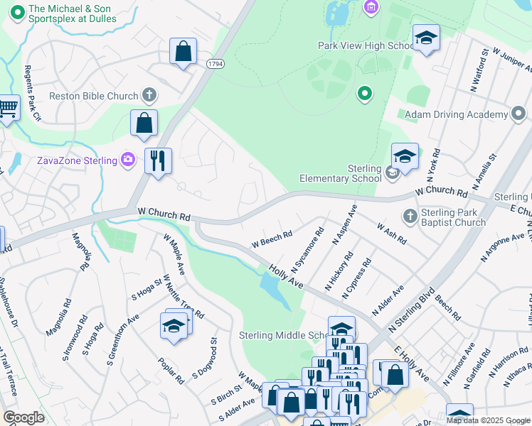map of restaurants, bars, coffee shops, grocery stores, and more near 631 W Church Rd in Sterling