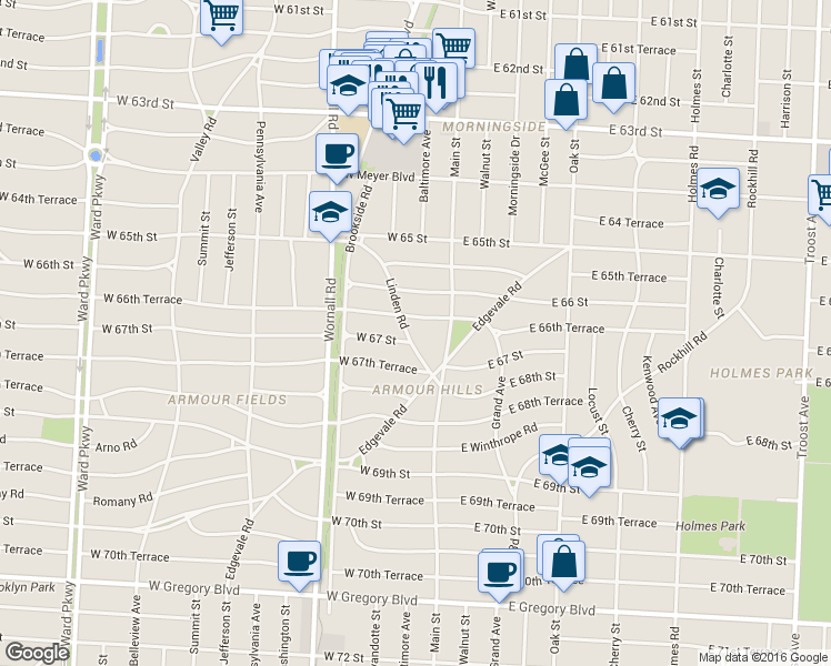 map of restaurants, bars, coffee shops, grocery stores, and more near 6641 Linden Road in Kansas City