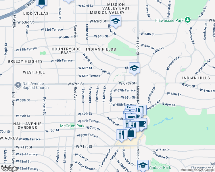 map of restaurants, bars, coffee shops, grocery stores, and more near 6701 El Monte Street in Prairie Village