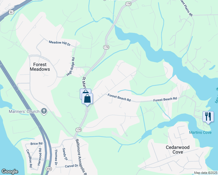 map of restaurants, bars, coffee shops, grocery stores, and more near 187 Browns Woods Road in Annapolis
