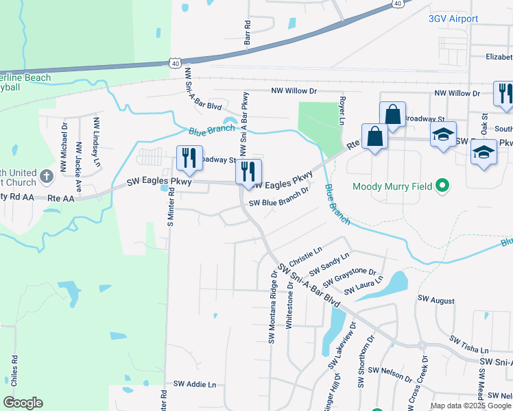 map of restaurants, bars, coffee shops, grocery stores, and more near 1209 Southwest Blue Branch Drive in Grain Valley