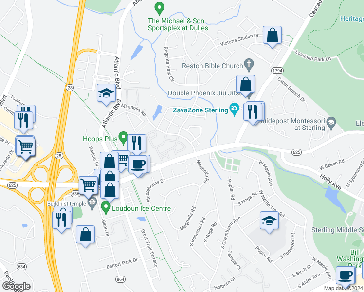 map of restaurants, bars, coffee shops, grocery stores, and more near 45597 Whitcomb Square in Sterling
