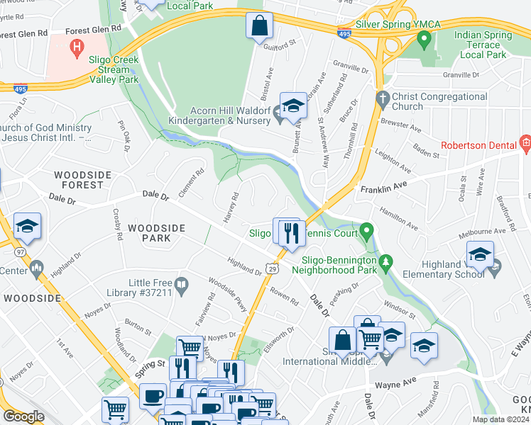 map of restaurants, bars, coffee shops, grocery stores, and more near 9350 Harvey Road in Silver Spring
