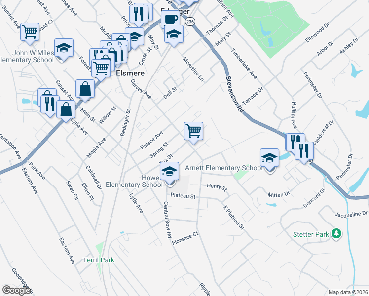 map of restaurants, bars, coffee shops, grocery stores, and more near 411 Fox Street in Elsmere