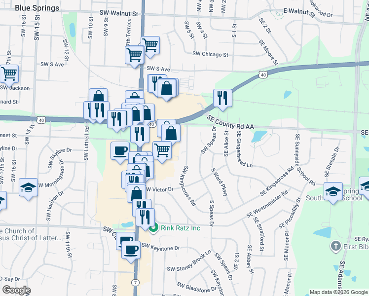 map of restaurants, bars, coffee shops, grocery stores, and more near 929 Southwest Kingscross Road in Blue Springs