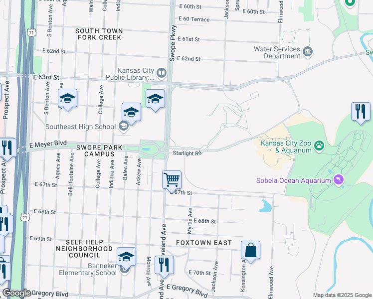 map of restaurants, bars, coffee shops, grocery stores, and more near Swope Park Entrance Crossing in Kansas City