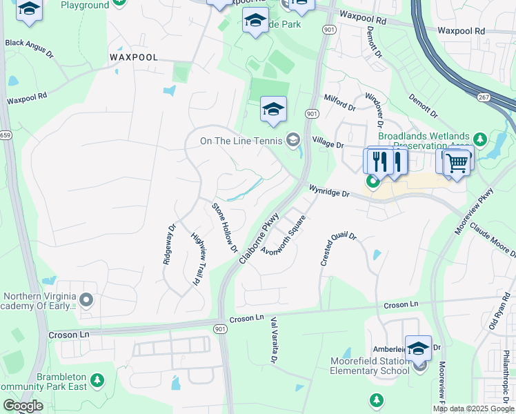 map of restaurants, bars, coffee shops, grocery stores, and more near 22026 Sunstone Court in Broadlands