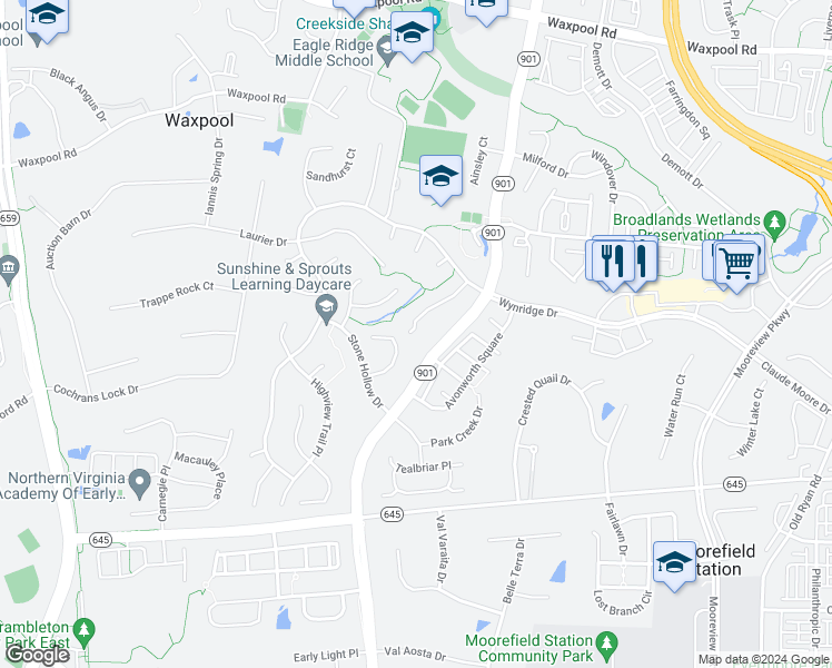 map of restaurants, bars, coffee shops, grocery stores, and more near 22026 Sunstone Court in Broadlands