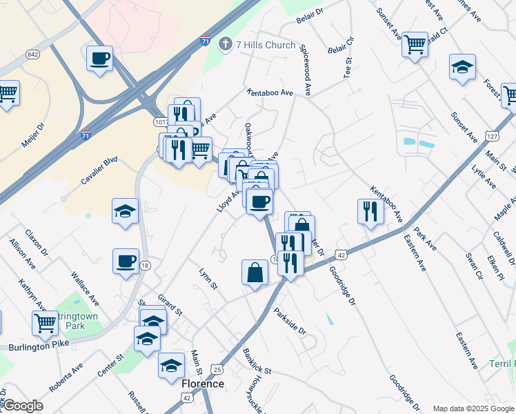 map of restaurants, bars, coffee shops, grocery stores, and more near 6805 Sebree Drive in Florence