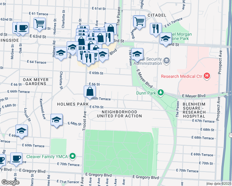 map of restaurants, bars, coffee shops, grocery stores, and more near 6620 Lydia Avenue in Kansas City