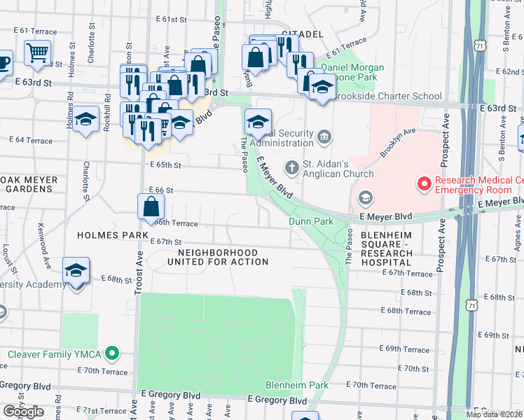 map of restaurants, bars, coffee shops, grocery stores, and more near 6620 Broadmoor Road in Kansas City