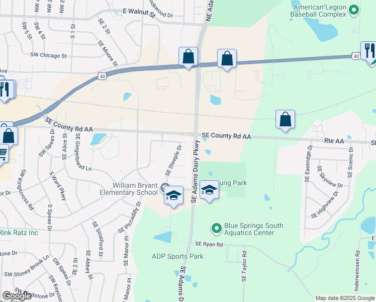 map of restaurants, bars, coffee shops, grocery stores, and more near 609 Southeast Steeple Court in Blue Springs
