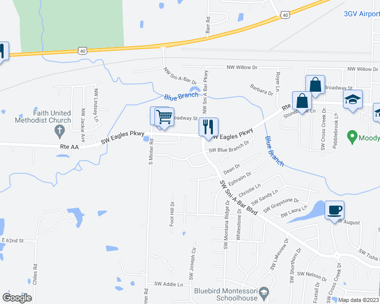 map of restaurants, bars, coffee shops, grocery stores, and more near 1314 Southwest Blue Branch Drive in Grain Valley