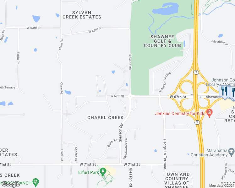 map of restaurants, bars, coffee shops, grocery stores, and more near 6617 Barth Road in Shawnee