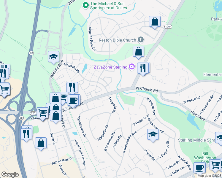 map of restaurants, bars, coffee shops, grocery stores, and more near 45642 Iron Horse Terrace in Sterling