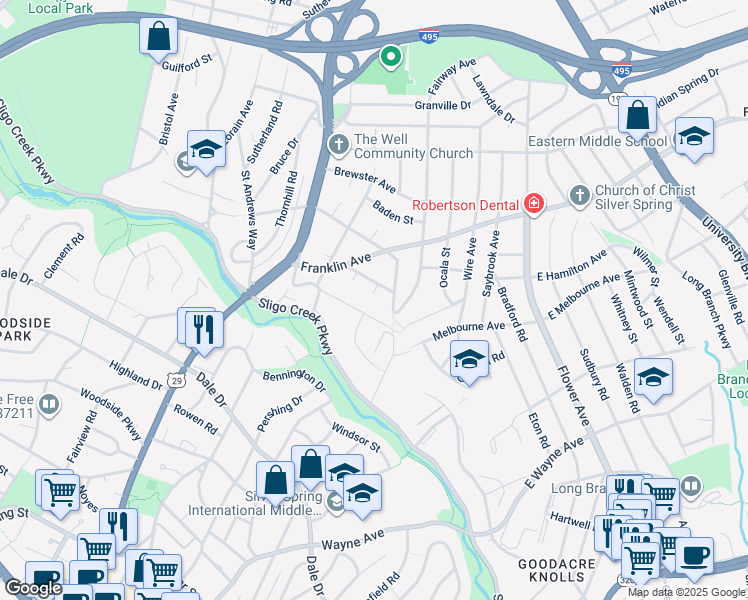 map of restaurants, bars, coffee shops, grocery stores, and more near 3 Knox Place in Silver Spring