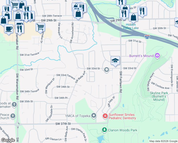 map of restaurants, bars, coffee shops, grocery stores, and more near 3309 SW Lajolla Rd in Topeka
