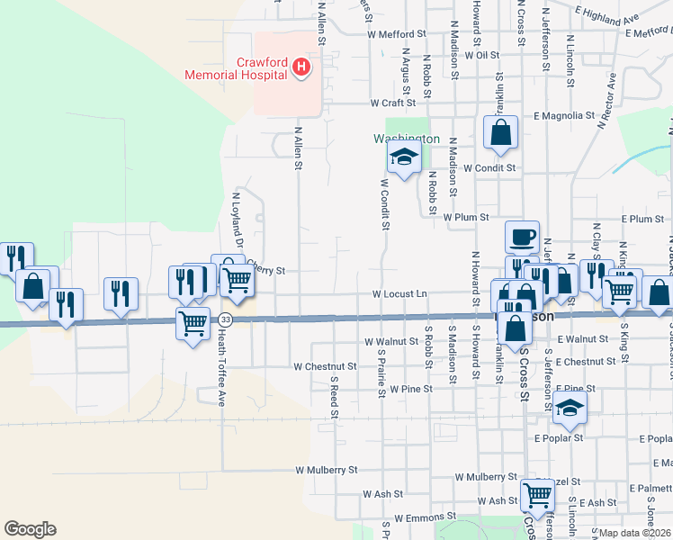 map of restaurants, bars, coffee shops, grocery stores, and more near 251 North Reed Street in Robinson