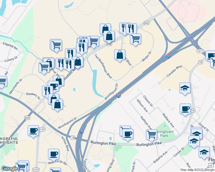 map of restaurants, bars, coffee shops, grocery stores, and more near 7300 Woodspoint Drive in Florence