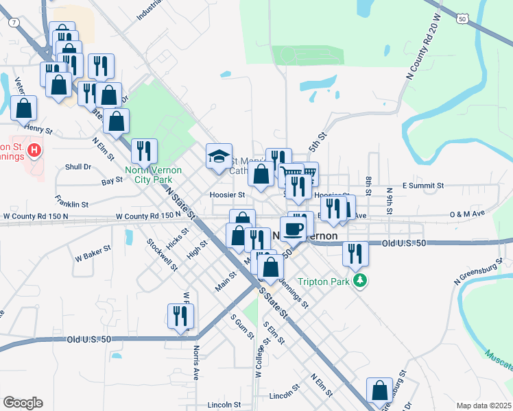 map of restaurants, bars, coffee shops, grocery stores, and more near 101 Hoosier Street in North Vernon