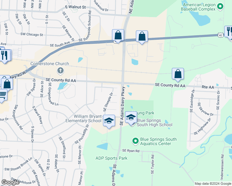 map of restaurants, bars, coffee shops, grocery stores, and more near 1003 Southeast Steeple Drive in Blue Springs